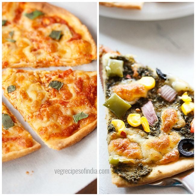 side by side images of whole wheat pizzas topped with margherita toppings on the left and mixed roasted veggies on the right.