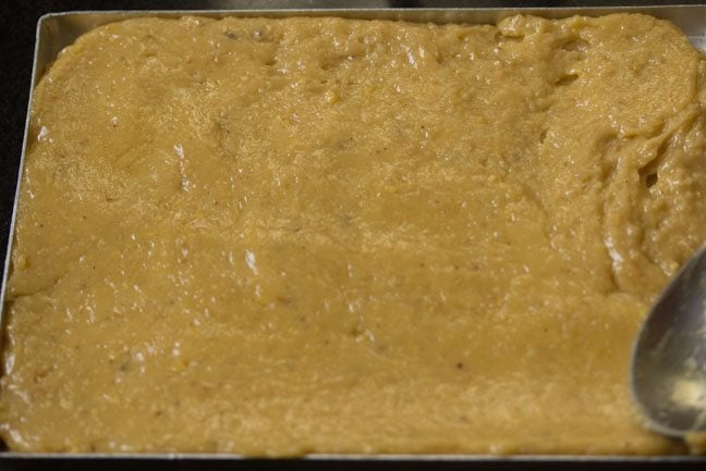 smoothed burfi mixture in a pan