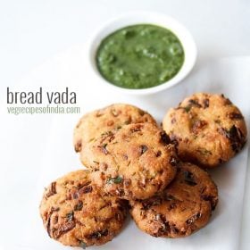 bread vada served with green chutney and text layover.