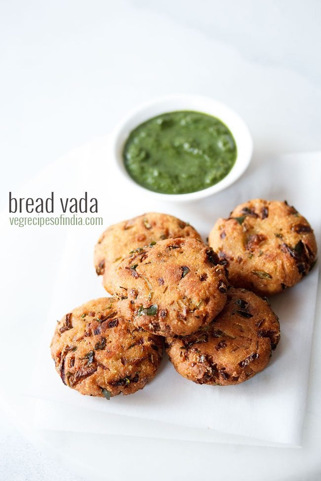 bread vada served with green chutney and text layover.