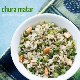 chura matar served in a white bowl with text layover.