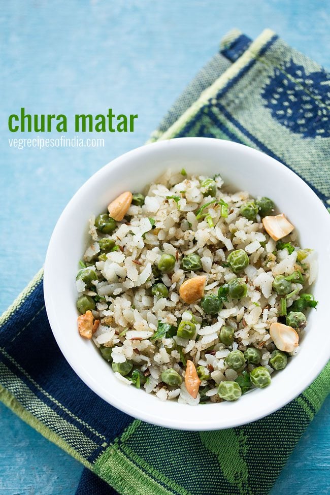 chura matar served in a white bowl with text layover.