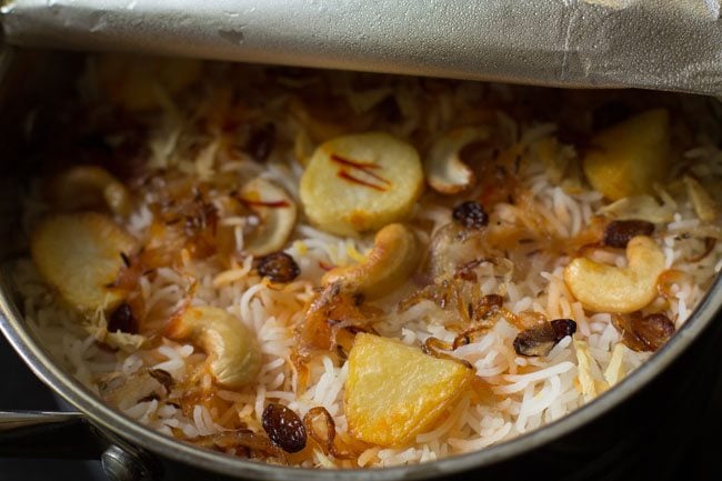 dum cooked aloo biryani. 