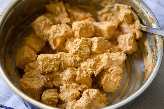 marinated paneer in a bowl.