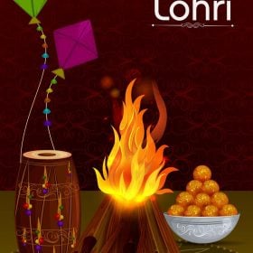 vector illustration of lohri festival with bonfire, ladoos, kites and drums with text layovers.