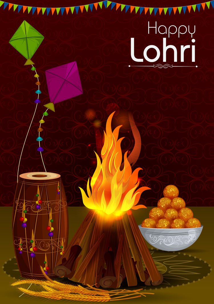 vector illustration of lohri festival with bonfire, ladoos, kites and drums with text layovers.