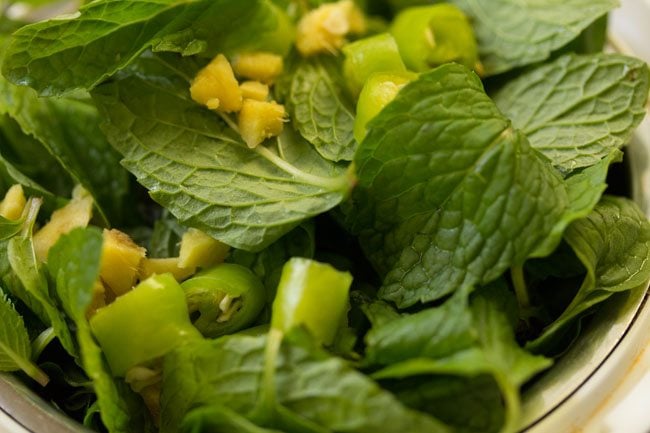 mint leaves ginger green chilies added to grinder jar