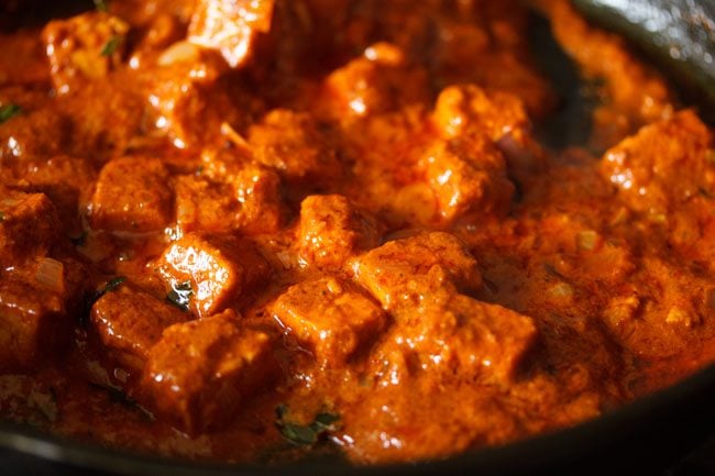 prepared paneer ghee roast in a pan