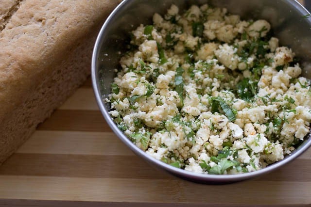 prepared paneer stuffing in a bowl. 