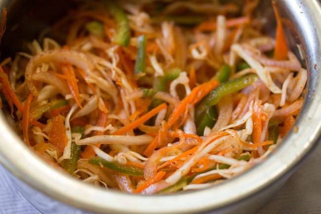 mixed veggie salad for making paneer tikka kathi rolls.