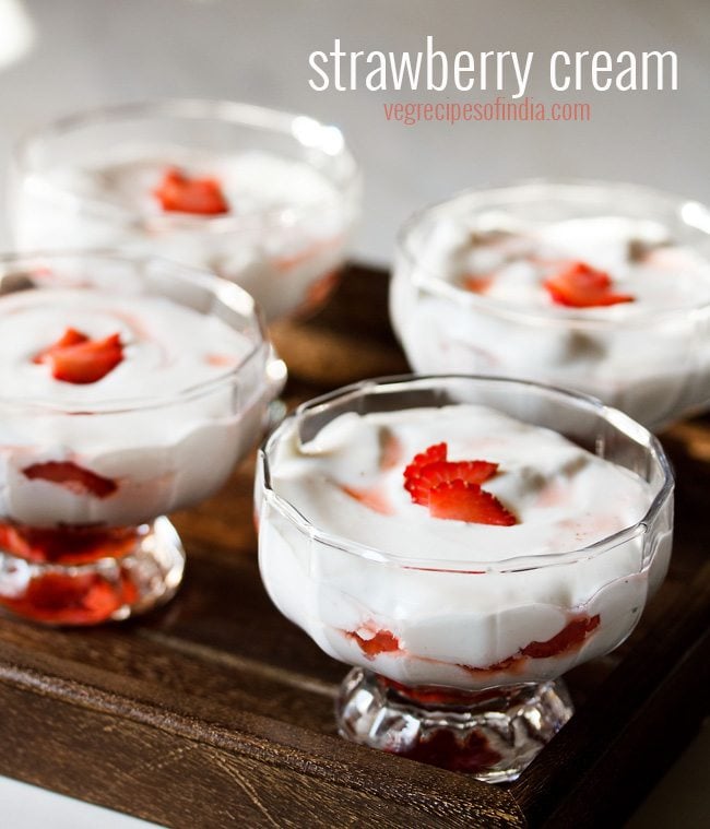 strawberry cream garnished with strawberry slices and served in bowls with text layovers. 