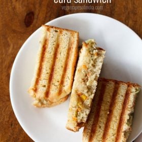 curd sandwich pieces served on a white plate with text layover.