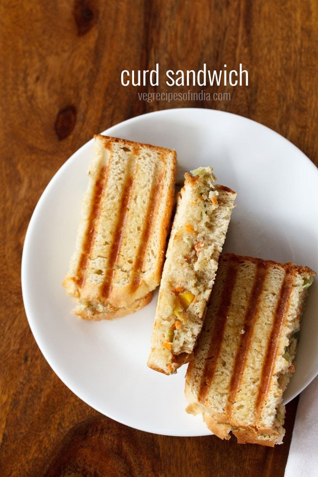 curd sandwich pieces served on a white plate with text layover.