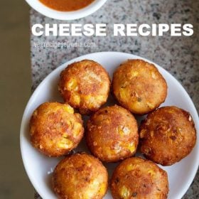 cheese balls served on a plate with text layover.