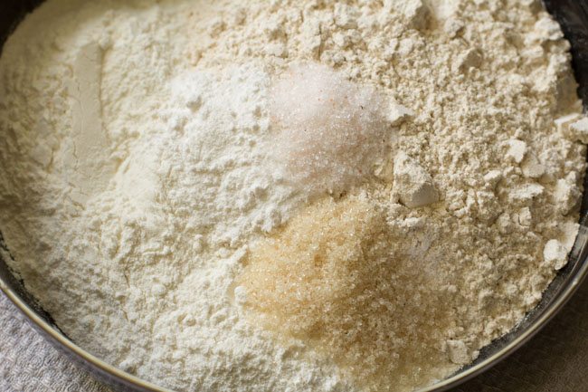 baking powder, baking soda, sugar and salt added to flours. 