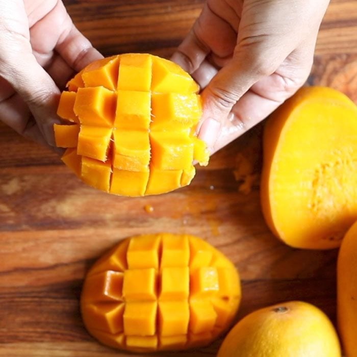 flesh on mangoes slices chopped in cubes