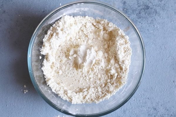 water in flour mix in bowl.