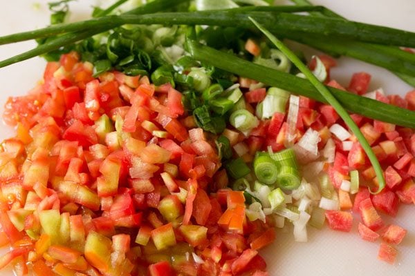 finely chopped vegetables for making masala base for masala pasta. 