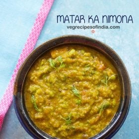 matar ka nimona garnished with coriander leaves and served in a ceramic bowl wit text layovers.