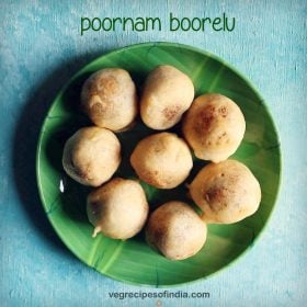 poornam boorelu served on a green colored plate with text layovers.