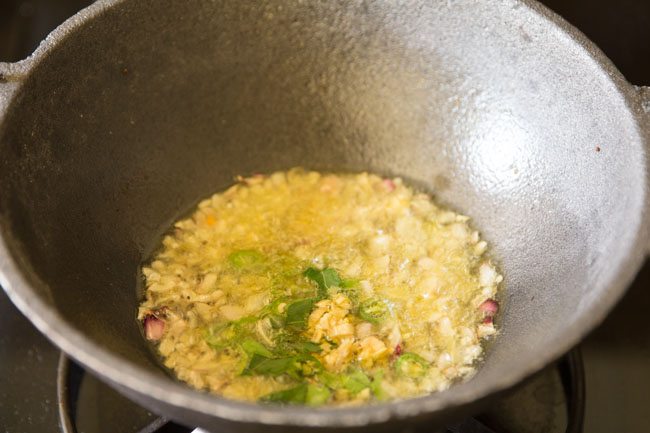 chopped green chilies, finely chopped ginger and chopped curry leaves added to pan. 