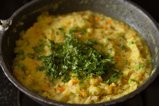 chopped coriander leaves added to cooked rava kichadi. 