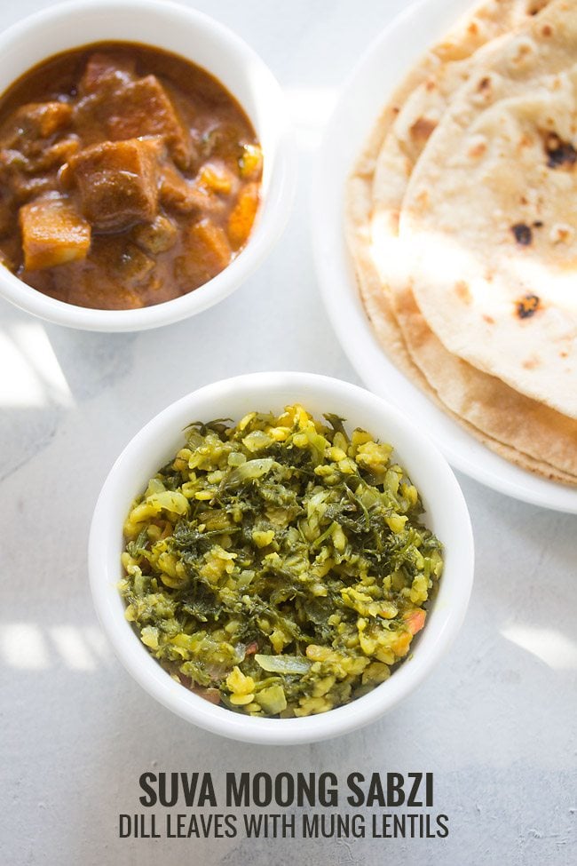 shepu bhaji served in a white bowl with a bowl of vegetable curry and a plate of chapattis kept on the top left and right side and text layovers.