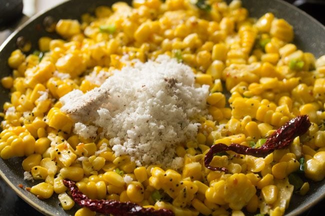 grated fresh coconut added to sweet corn sundal. 