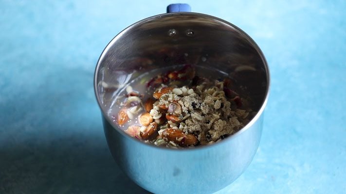 thandai mixture of soaked nuts, seeds and spices added in a blender