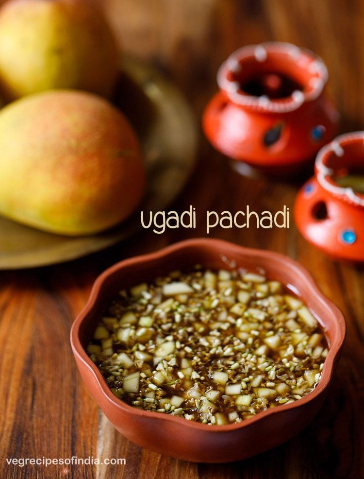 ugadi pachadi in a brown colored bowl.