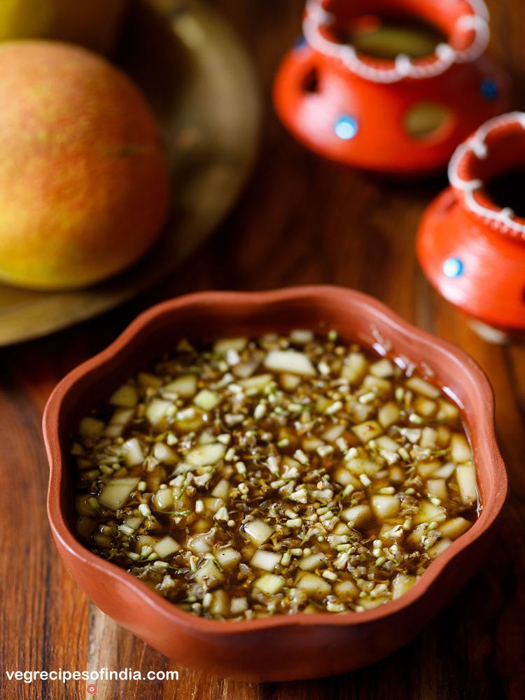 ugadi pachadi in a brown colored bowl. 