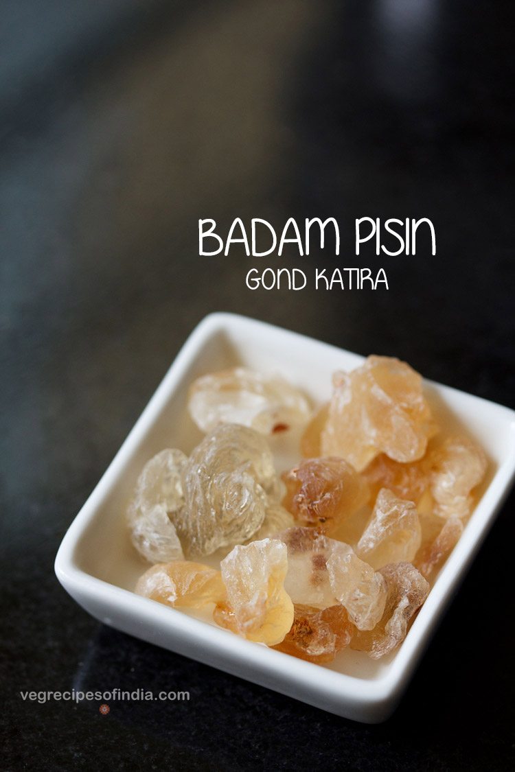 badam pisin in a white bowl with text layovers.  