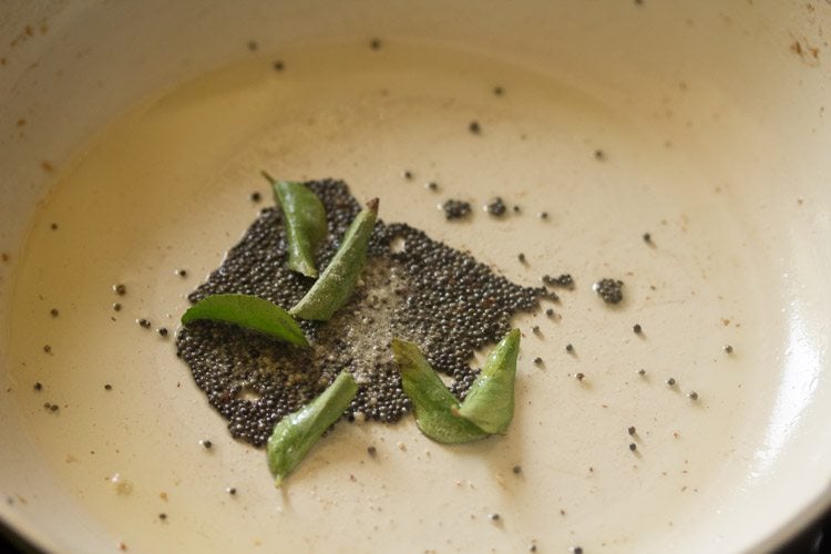 adding curry leaves to mustard seeds in the pan