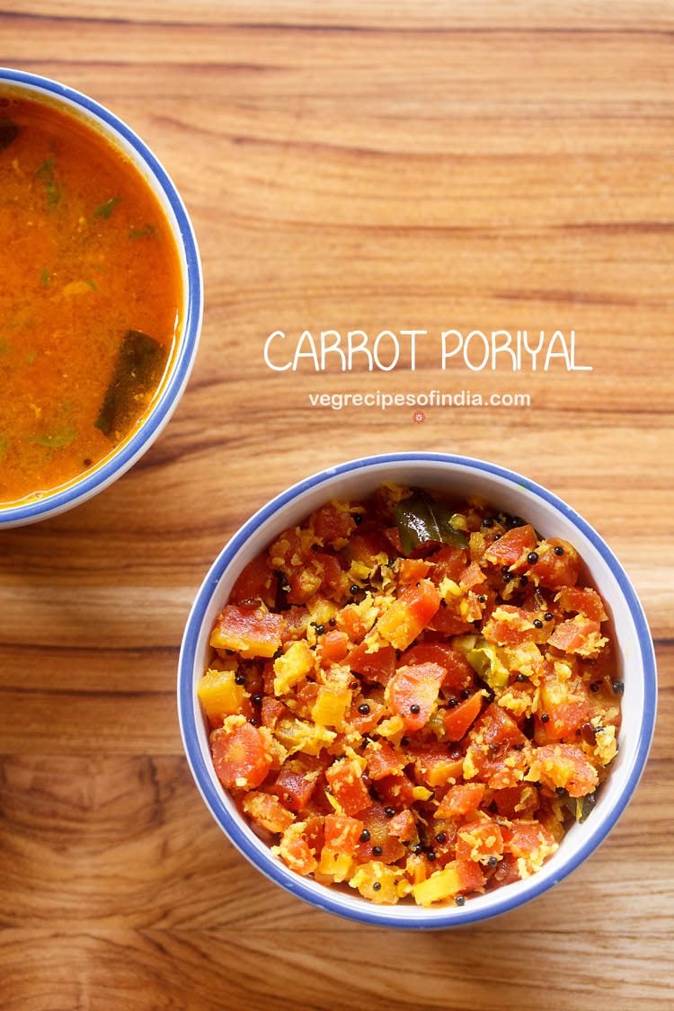 carrot poriyal served in a blue rimmed bowl with text layovers..