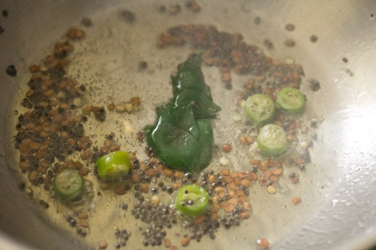 chopped green chili and curry leaves added to the pan. 