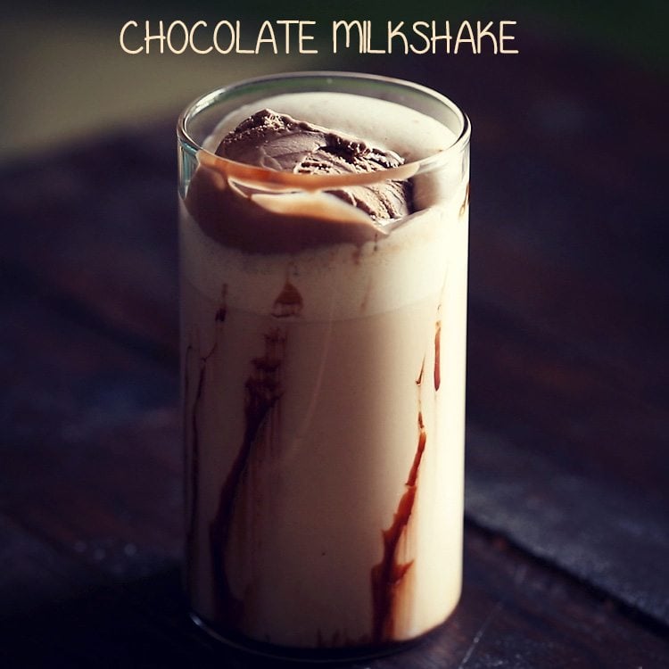 chocolate milkshake served with chocolate ice cream in a glass with text layover.