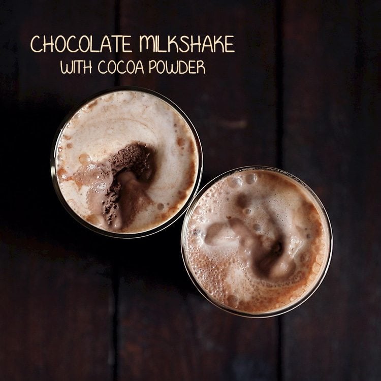 chocolate milkshake served with chocolate ice cream in 2 glasses with text layover. 
