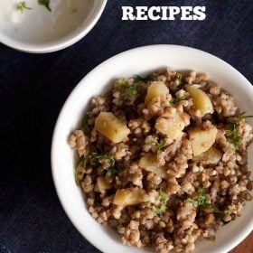 kuttu ki khichdi served in a bowl with a bowl of curd kept in the top left side and text layover.