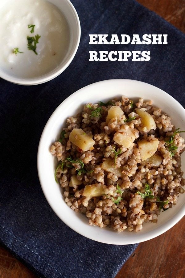 kuttu ki khichdi served in a bowl with a bowl of curd kept in the top left side and text layover.