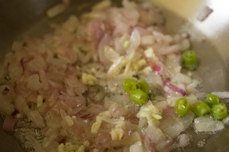 chopped green chili and finely chopped garlic added and sautéed. 