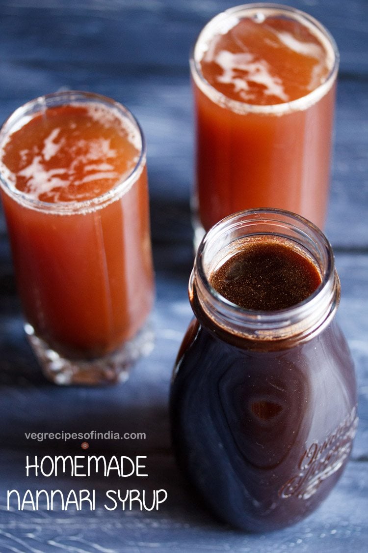 nannari sarbath served in 2 glasses along with nannari syrup in one glass bottle and text layovers.