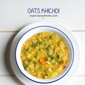 oats khichdi served in a white bowl with text layover.