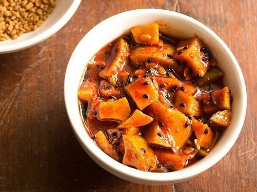 aam ka meetha achar in a white bowl