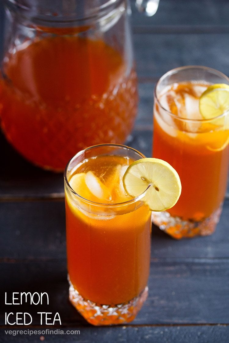 lemon iced tea in two glasses with text layovers.