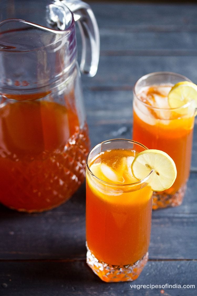 lemon iced in glasses and jar with text layovers.