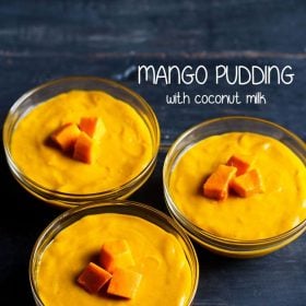 3 bowls of mango pudding on a dark blue table