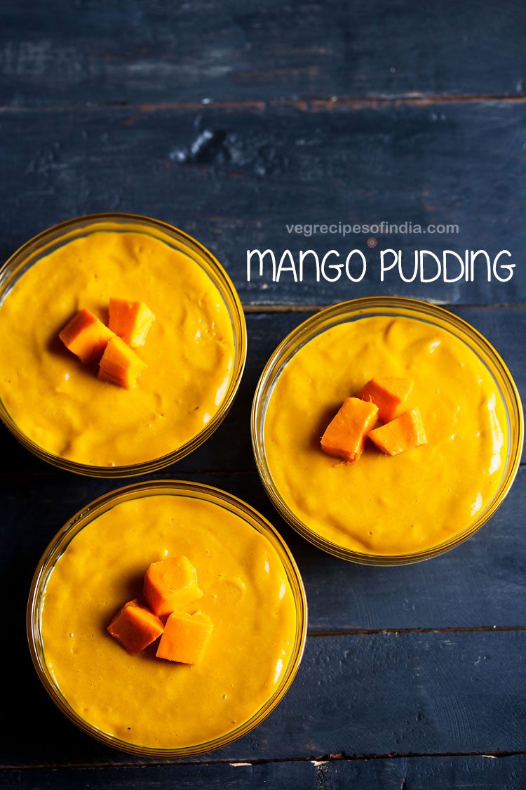 overhead shot of 3 bowls of vegan thai mango pudding on a blue table.