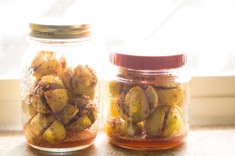 lemon pickle in two glass jars on a bright window sill