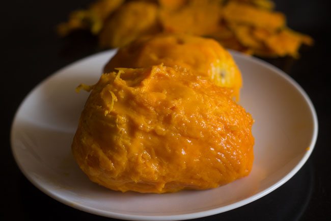 peeled mango for mango modak. 