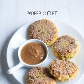 paneer cutlet served on a plate with text layover.